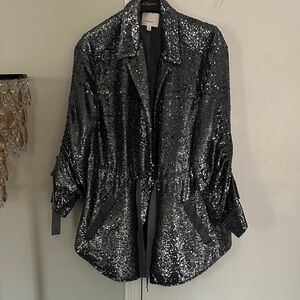 Cinq à Sept Shimmering pewter Sequin Blazer 3/4 sleeves sz small oversized 6 8